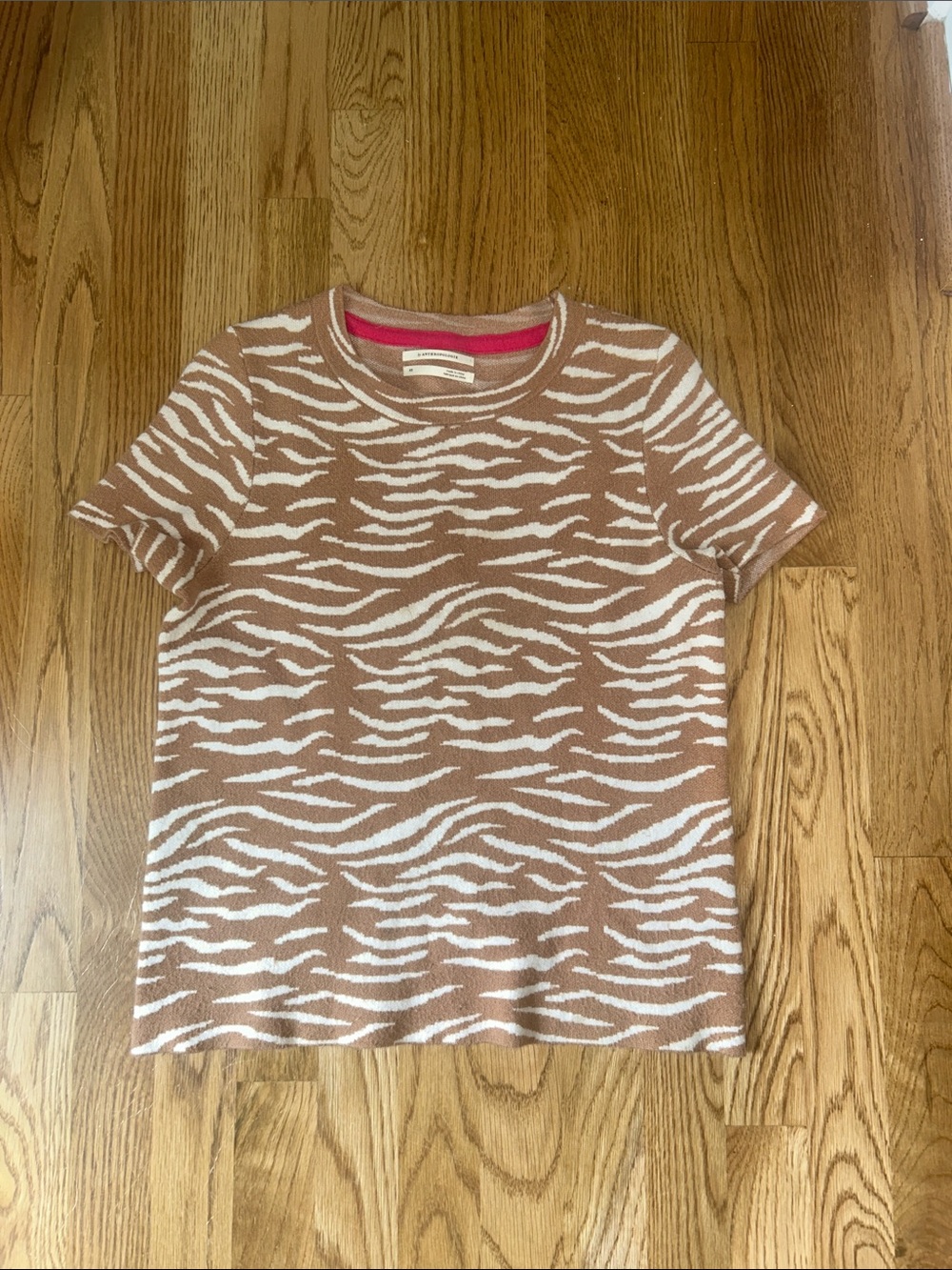 Anthropologie Zebra-Striped Short Sleeve Top in Cream, Tan & Pink Trim